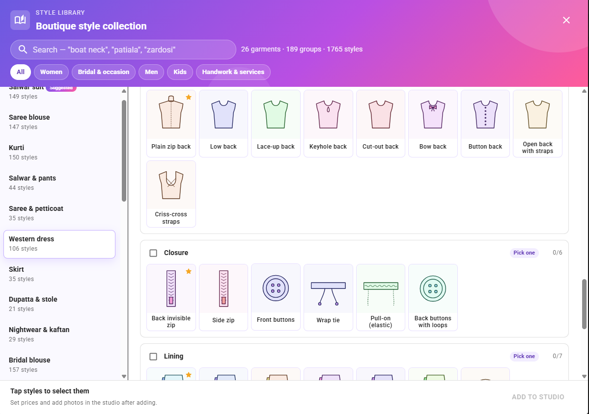 StitchPro Style Library: search styles, browse garments by category and pick back, closure and lining styles