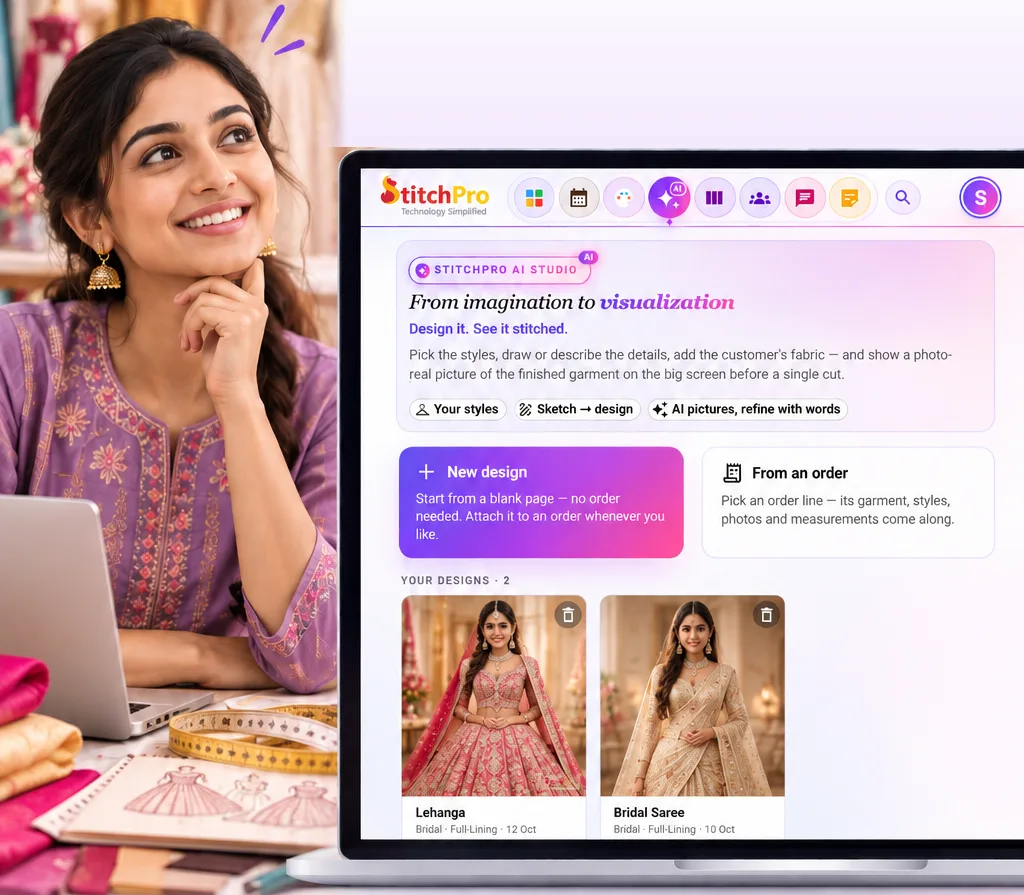 A boutique owner smiling beside a laptop showing StitchPro AI Studio, with photo-real designs of a bridal lehenga and a bridal saree