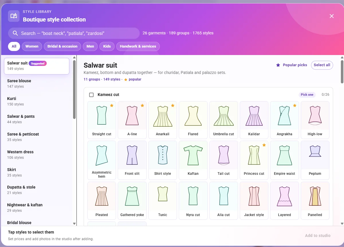 StitchPro Style Library: boutique style collection with garments, style groups and style tiles