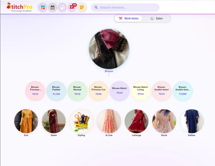 StitchPro work items: garment categories as photo circles, with styles and prices to tap into an invoice